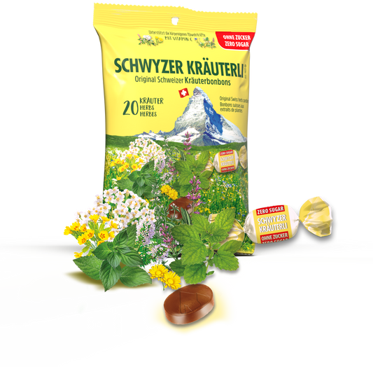 Schwyzer Kräuterli 20 Kräuter zuckerfrei - Original Schweizer Kräuterbonbons!